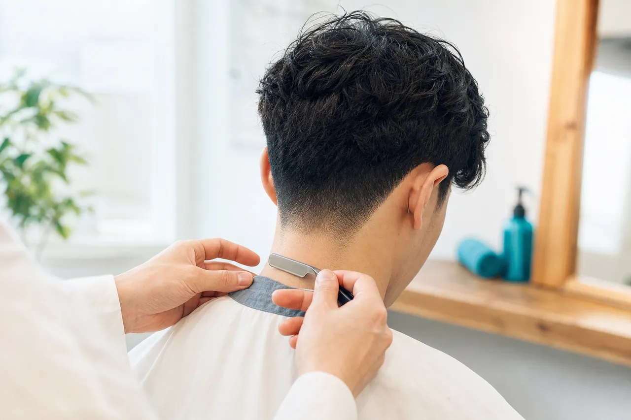 理容室で男性客の襟足を整える理容師