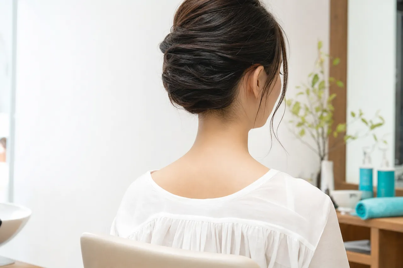 鏡でうなじを確認する女性客