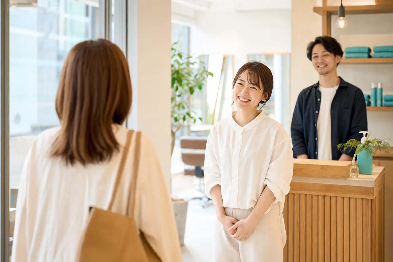 明るい美容室で新規のお客様を迎えるスタッフ